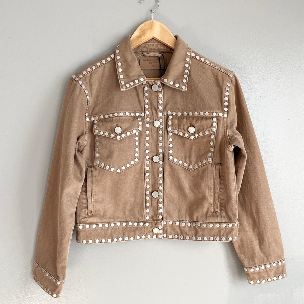 BLANKNYC Studded Denim Jacket Womens Small Brown Tan Trucker Western Boho NWT